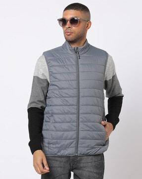 zip-front puffer jacket with slip pockets