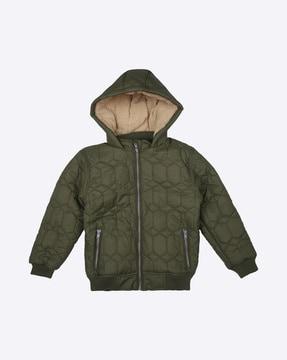 zip-front quilted hooded jacket with zip pockets
