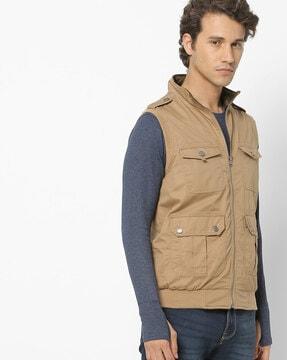 zip-front reversible jacket with button-flap pockets