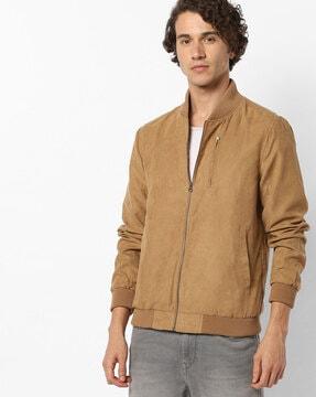 zip-front suede jacket with insert pockets