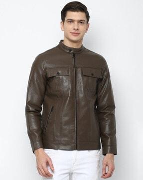 zip-front biker jacket with flap pockets