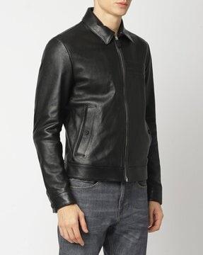 zip-front biker jacket with insert pockets