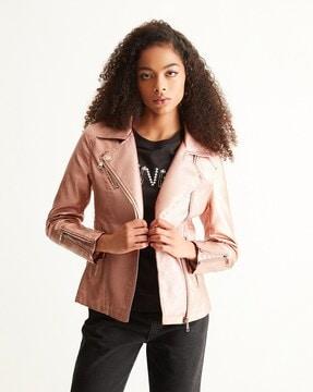 zip-front biker jacket with insert pockets