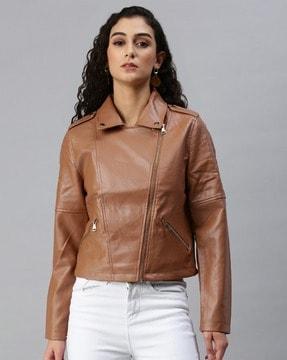 zip-front biker jacket with zipper pockets