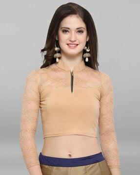 zip-front blouse with lace accent