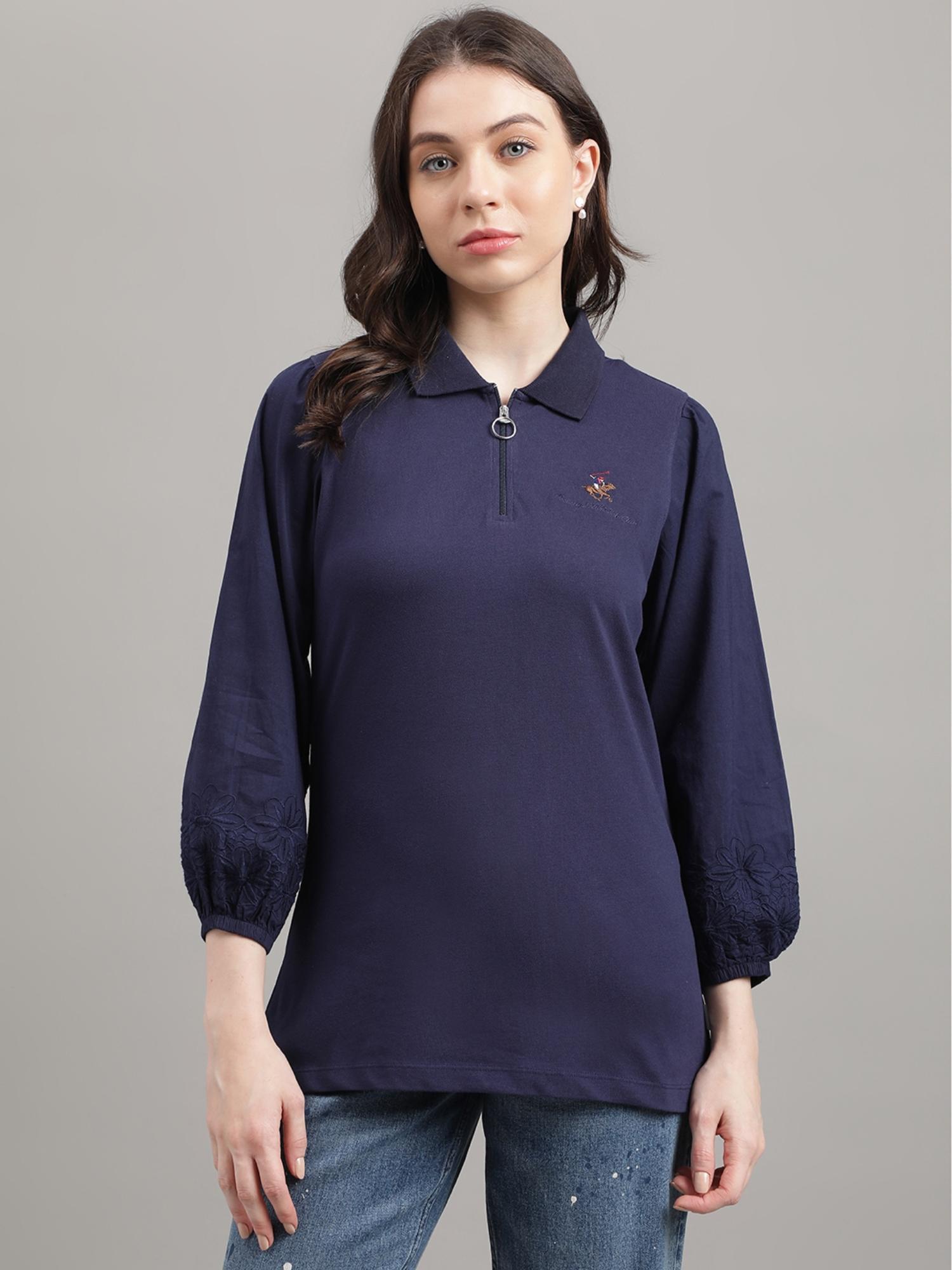 zip front blue polo t-shirt