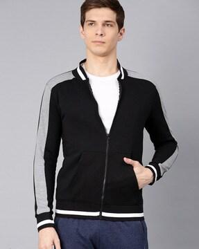 zip-front bomber jacket with contrast stripes