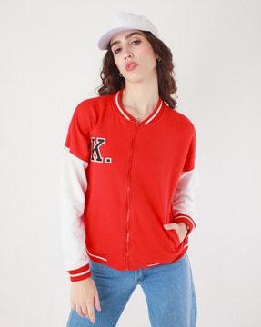 zip-front bomber jacket with embroidery accent