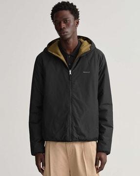 zip-front bomber jacket with hood