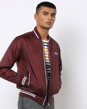 zip-front bomber jacket with placement typography