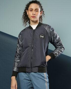 zip-front bomber jacket with ribbed cuffs