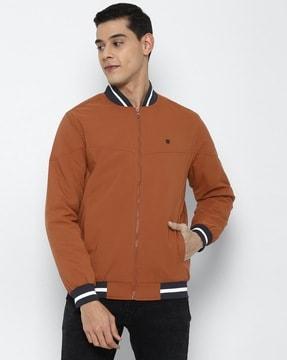 zip-front bomber jacket with ribbed hems
