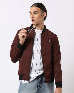 zip-front bomber jacket with ribbed hems