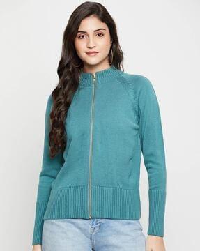 zip-front cardigan with ribbed hem