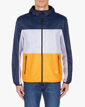 zip-front colourblock hooded jacket with zip pockets