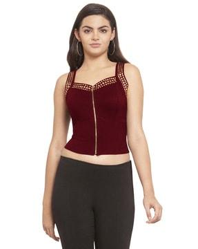 zip-front corset with embellishments