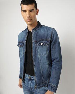 zip-front denim jacket with flap pockets