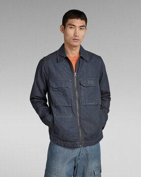 zip-front denim jacket with flap pockets