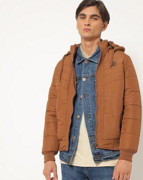 zip-front high-neck bomber jacket with detachable hood