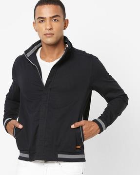 zip-front high-neck jacket with insert pockets