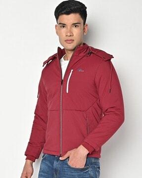 zip-front hooded biker jacket