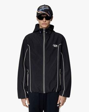 zip-front hooded jacket with contrast piping