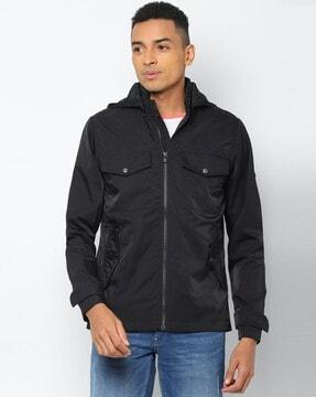 zip-front hooded jacket with flap pockets