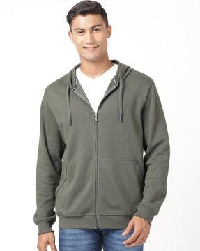 zip front hooded jacket with kangaroo pocket