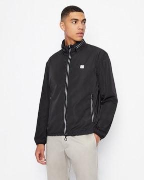 zip-front hooded jacket with logo applique