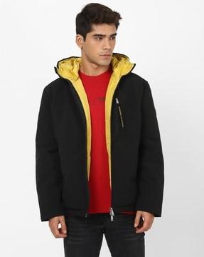 zip-front hooded jacket with quilted back