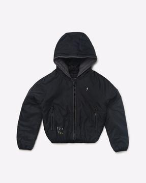zip-front hooded jacket with slip pockets