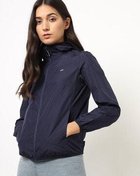 zip-front hooded jacket with slip pockets