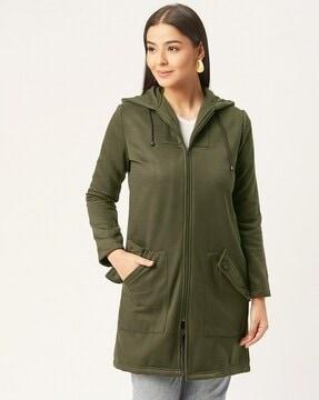 zip-front hooded peacoat with flap pockets