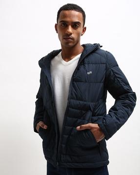 zip-front hooded puffer jacket with slip pockets