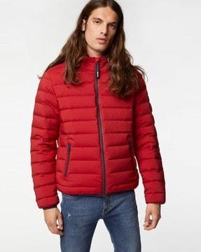 zip-front hooded quilted jacket with insert pockets