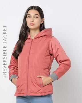 zip-front hooded reversible jacket