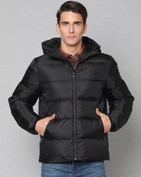 zip-front hooded slim fit bomber jacket