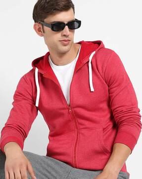 zip-front hooded sweatshirt with ribbed hem