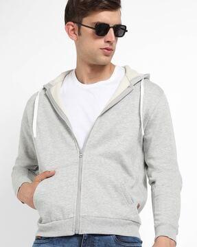 zip-front hooded sweatshirt with ribbed hem