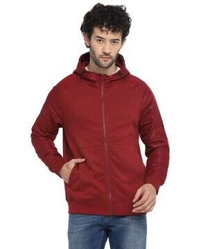 zip-front hooded sweatshirt with ribbed hem