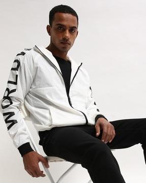 zip-front hooded track jacket with slip pockets