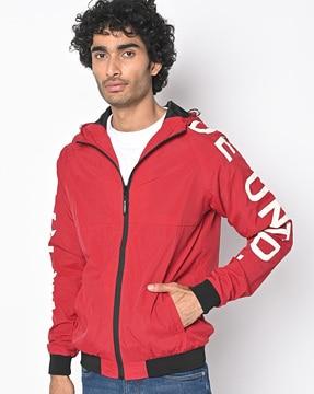 zip-front hooded track jacket with slip pockets