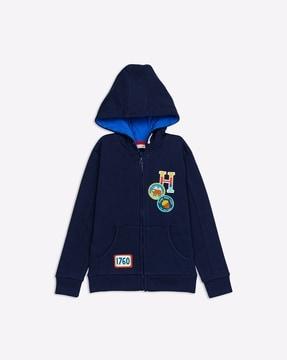 zip-front hoodie with applique