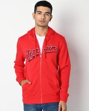 zip-front hoodie with brand applique