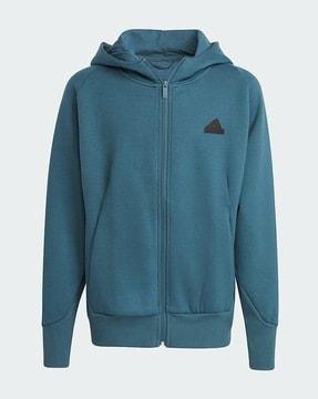 zip-front hoodie with brand applique