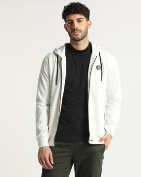 zip-front hoodie with logo applique