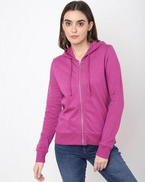 zip-front hoodie with ribbed hem