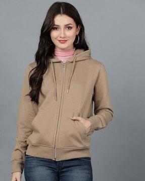 zip-front hoodie with ribbed hem