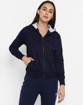 zip-front hoodie with ribbed hem