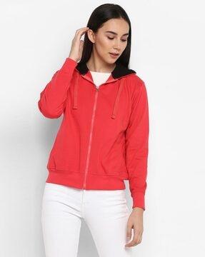 zip-front hoodie with ribbed hem